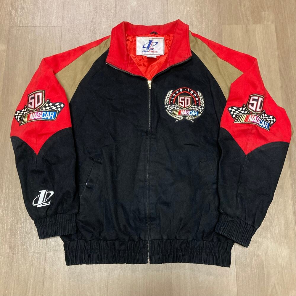 Vintage 1998 NASCAR 50th Anniversary Logo Athletic Jacket Mens Large Black Red